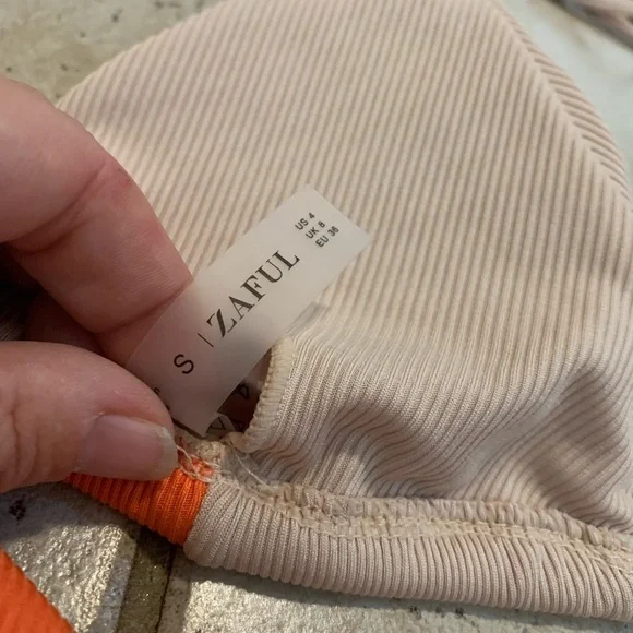 💜 Zaful Ribbed Orange and Tan Color-Block Bikini Set - Size Small - Picture 5 of 8